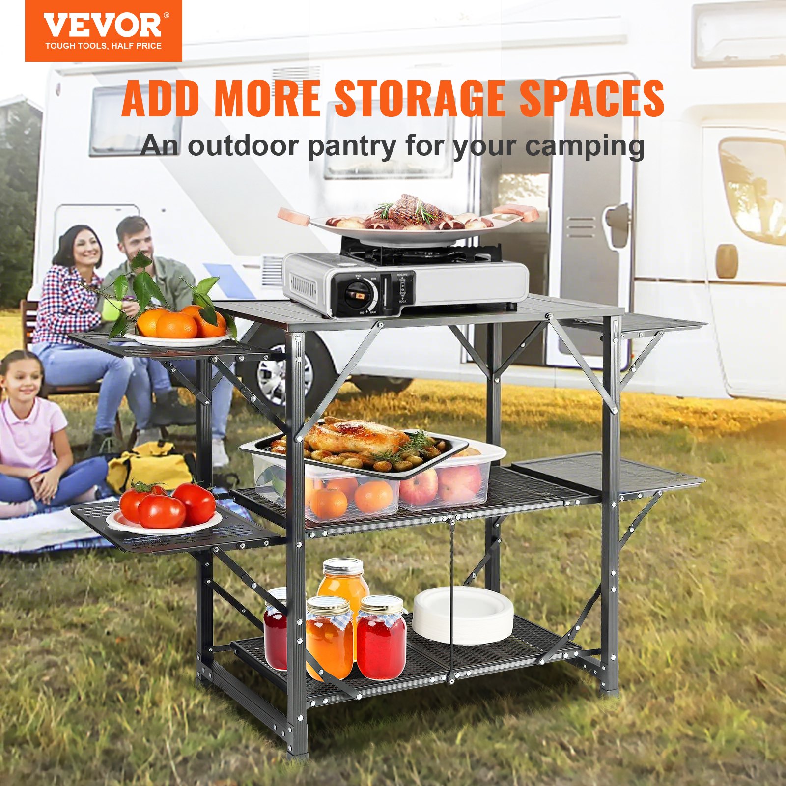 VEVOR Camping Kitchen Table, One-piece Folding Portable Cook Station with A Carrying Bag, Aluminum Camping Table 4 Iron Side Tables & 2 Shelves, Ideal for Outdoor Picnics, BBQs, Camping, RV Traveling