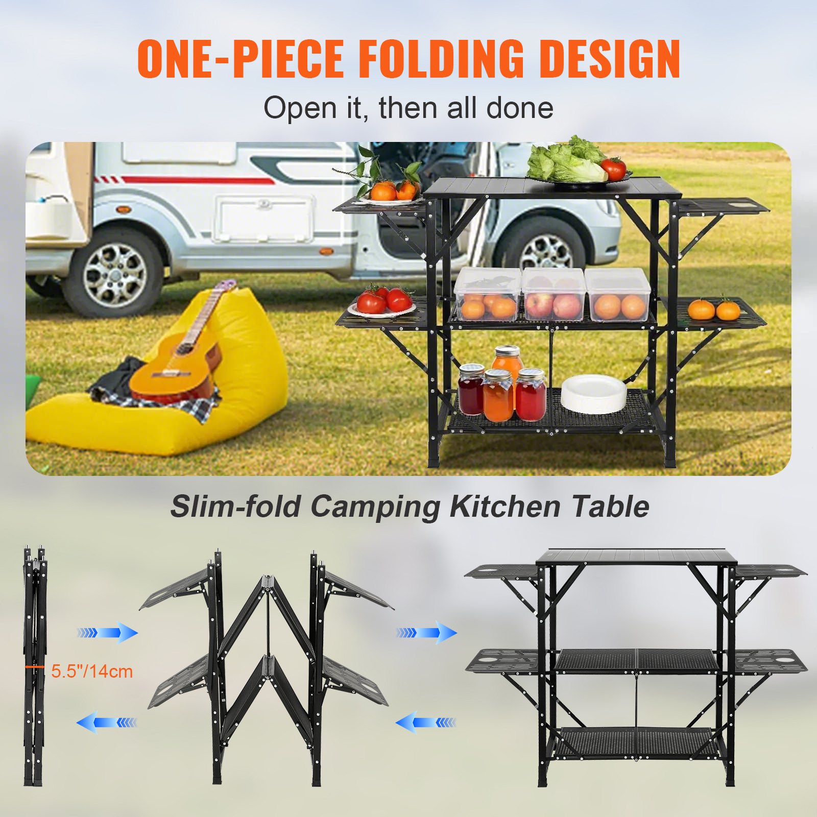 VEVOR Camping Kitchen Table, One-piece Folding Portable Cook Station with A Carrying Bag, Aluminum Camping Table 4 Iron Side Tables & 2 Shelves, Ideal for Outdoor Picnics, BBQs, Camping, RV Traveling