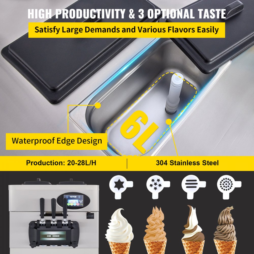 VEVOR Commercial  Soft Ice Cream Machine 2200W Countertop Soft Ice Cream Machine 5.3 to 7.4 Gallons per Hour Ice Cream Machine for Restaurants Bars Cafes Bakeries