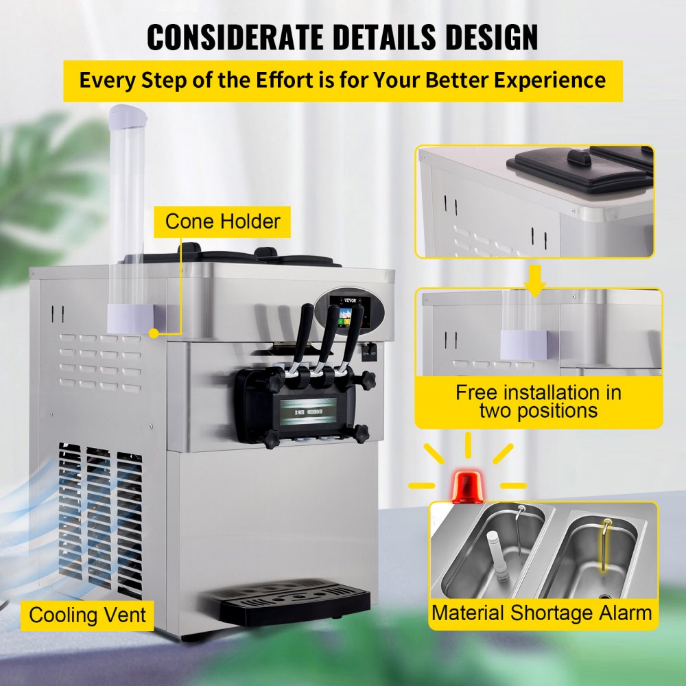 VEVOR Commercial  Soft Ice Cream Machine 2200W Countertop Soft Ice Cream Machine 5.3 to 7.4 Gallons per Hour Ice Cream Machine for Restaurants Bars Cafes Bakeries