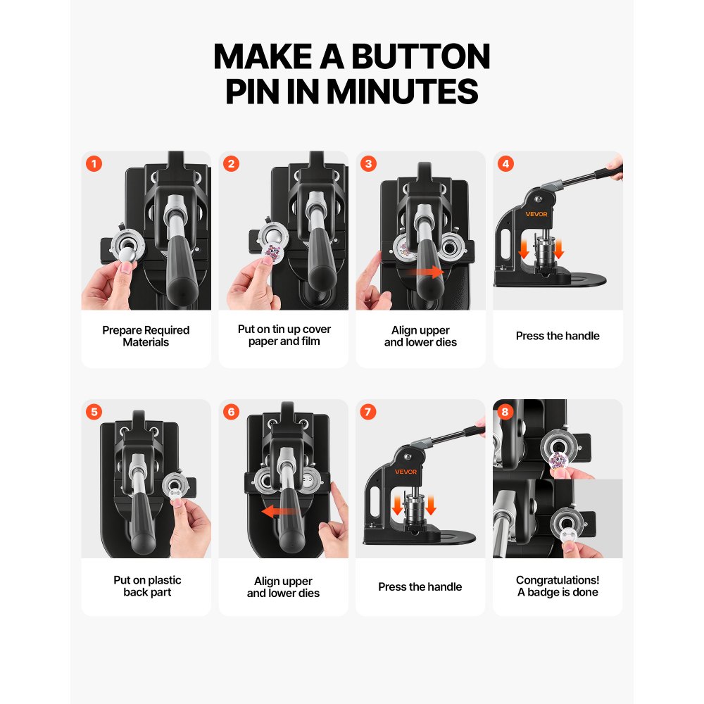 VEVOR Button Machine 25 mm Badgemaker 500-delige set met vervangende onderdelen, zwart, inclusief cirkelsnijder, sjabloonboekje en inbussleutels voor het zelf maken van badges, speldjes, koelkastmagneten en sleutelhangers.