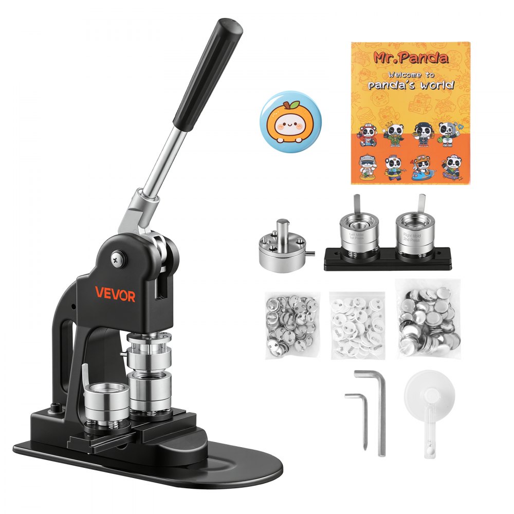VEVOR Button Machine 25 mm Badgemaker 500-delige set met vervangende onderdelen, zwart, inclusief cirkelsnijder, sjabloonboekje en inbussleutels voor het zelf maken van badges, speldjes, koelkastmagneten en sleutelhangers.