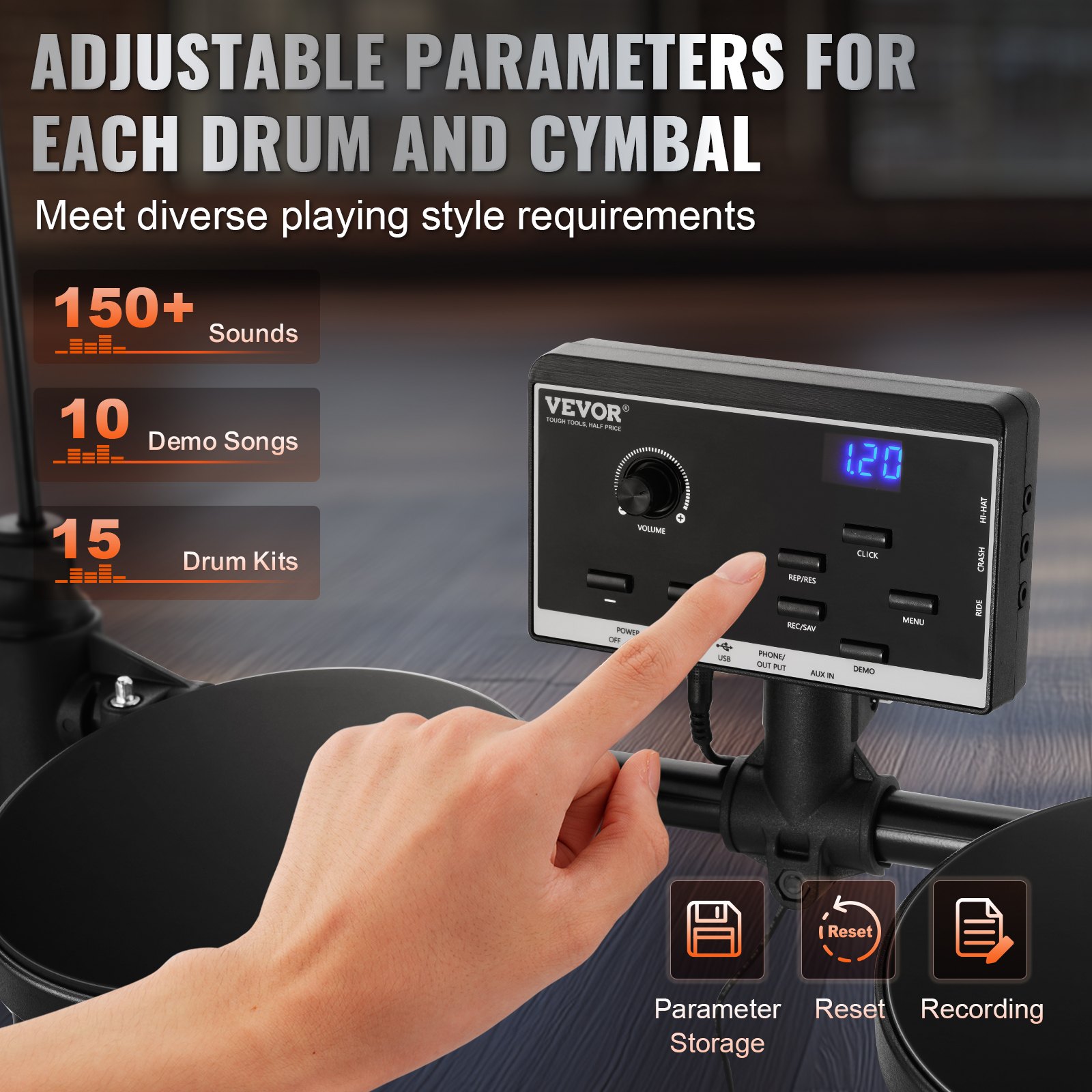 VEVOR Electric Drum Set, 15 Drum Kits & 150 Sounds Electronic Drum Kit, USB MIDI Supported 6.5 in Quiet Mesh Snare Electric Drum Set with 10 in Cymbals Drum Sticks & Headphone, for Beginners & Adults