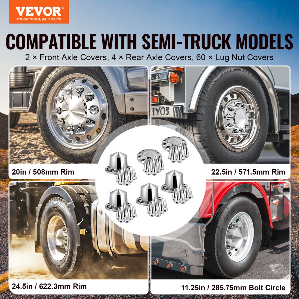 VEVOR Rear Front Axle Wheel Covers, Spiked Axle Cover for Semi Truck, ABS Rust-Resistant Lug Nut Covers, Universal Fit, Installation Tool Included, 2 Front and 4 Rear Axle Hub Covers Combo Kit