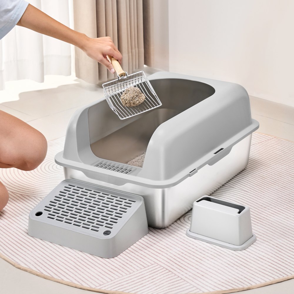 VEVOR Cat Litter Box, 6 inches Deep, XL Extra Large Stainless Steel Cat Litter Box with Scoop, Wide Filtering Foot Board & High Sides, Enclosed Odor-Free Easy-to-Clean Litter Box, Fit for Big Cats