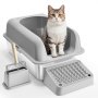 VEVOR Cat Litter Box, 6 inches Deep, XL Extra Large Stainless Steel Cat Litter Box with Scoop, Wide Filtering Foot Board & High Sides, Enclosed Odor-Free Easy-to-Clean Litter Box, Fit for Big Cats