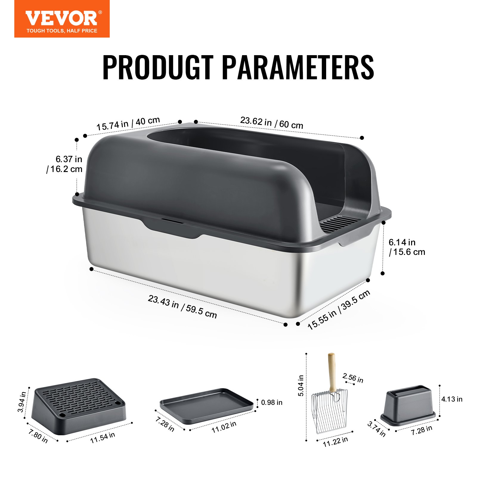 VEVOR Cat Litter Box, 6 inches Deep, XL Extra Large Stainless Steel Cat Litter Box with Scoop, Wide Filtering Foot Board & High Sides, Enclosed Odor-Free Easy-to-Clean Litter Box, Fit for Big Cats