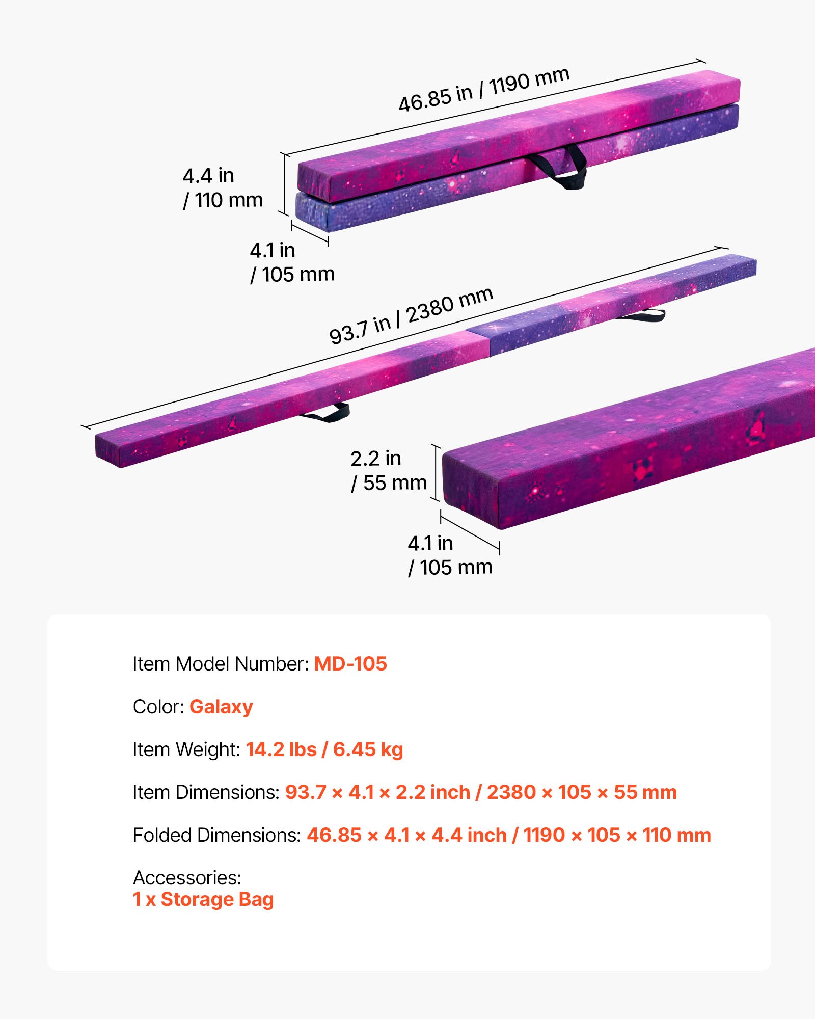 VEVOR 8FT Folding Balance Beam for Kids, 300LBS Stable Support Gymnastics Floor Beam with Non-Slip Mat, Wood-Core Gymnastics Training Equipment with Anti-Slip Bottom & Carry Bag for Home Gym, Galaxy