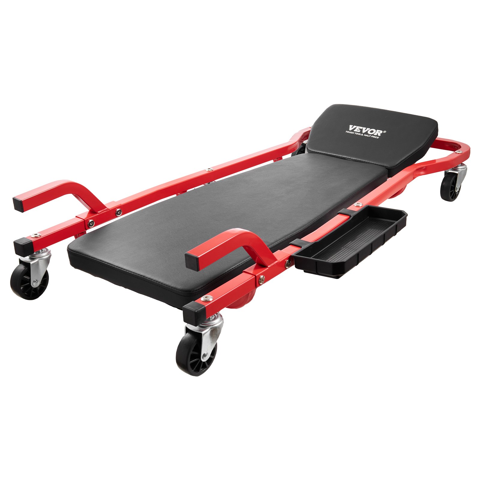 VEVOR Mechanic's Dolly, 1118 mm, 136,1 kg draagvermogen, autodolly met 6 zwenkwielen, verstelbare, gevoerde hoofdsteun, gereedschapsbak, robuust stalen frame voor garages, reparatiewerkplaatsen en doe-het-zelvers