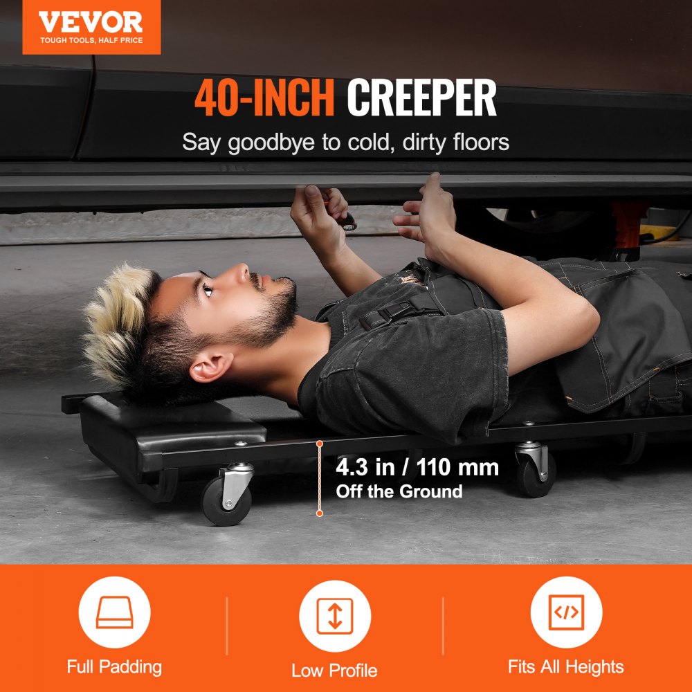 VEVOR Montage Rolplank Werkplaatswagen, 1016 mm, 136 kg Laadvermogen Rolplank voor Monteurs, voor Motorvoertuigen met 6 Zwenkwielen, Verstelbare, Gevoerde Hoofdsteun, Werkplaatsbed Garages