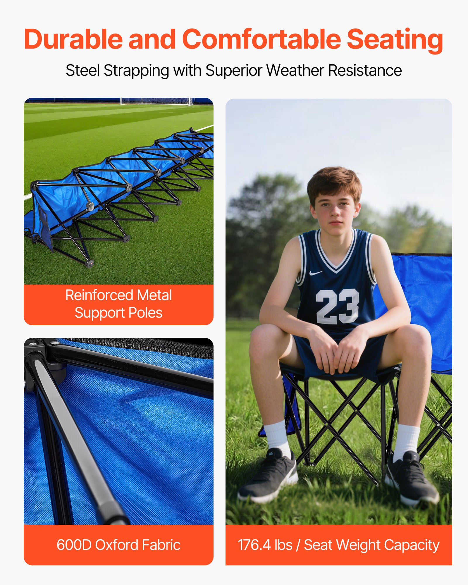 VEVOR Portable Folding Bench, 6 Seat Foldable Soccer Bench with Side Pockets and Carrying Bag, Lightweight Sideline Seating with Back Rest for Football, Baseball, Camping, Outdoor Events, Blue
