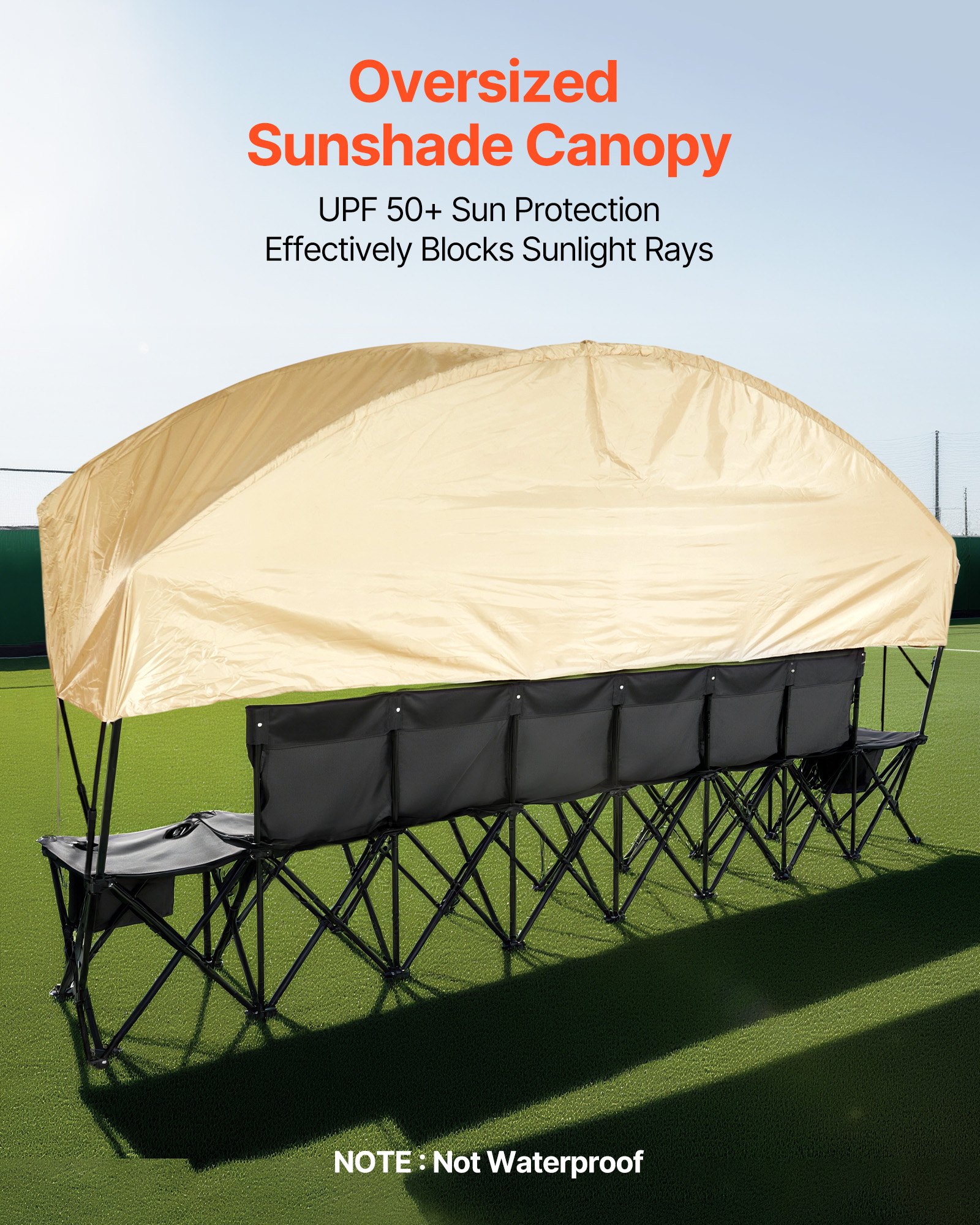 VEVOR Portable Folding Bench, 6 Seat Soccer Bench with Storage Pockets Cup Holders & Carrying Bag, Lightweight Sideline Seating with Sunshade for Football, Baseball, Camping, Outdoor Events, Black