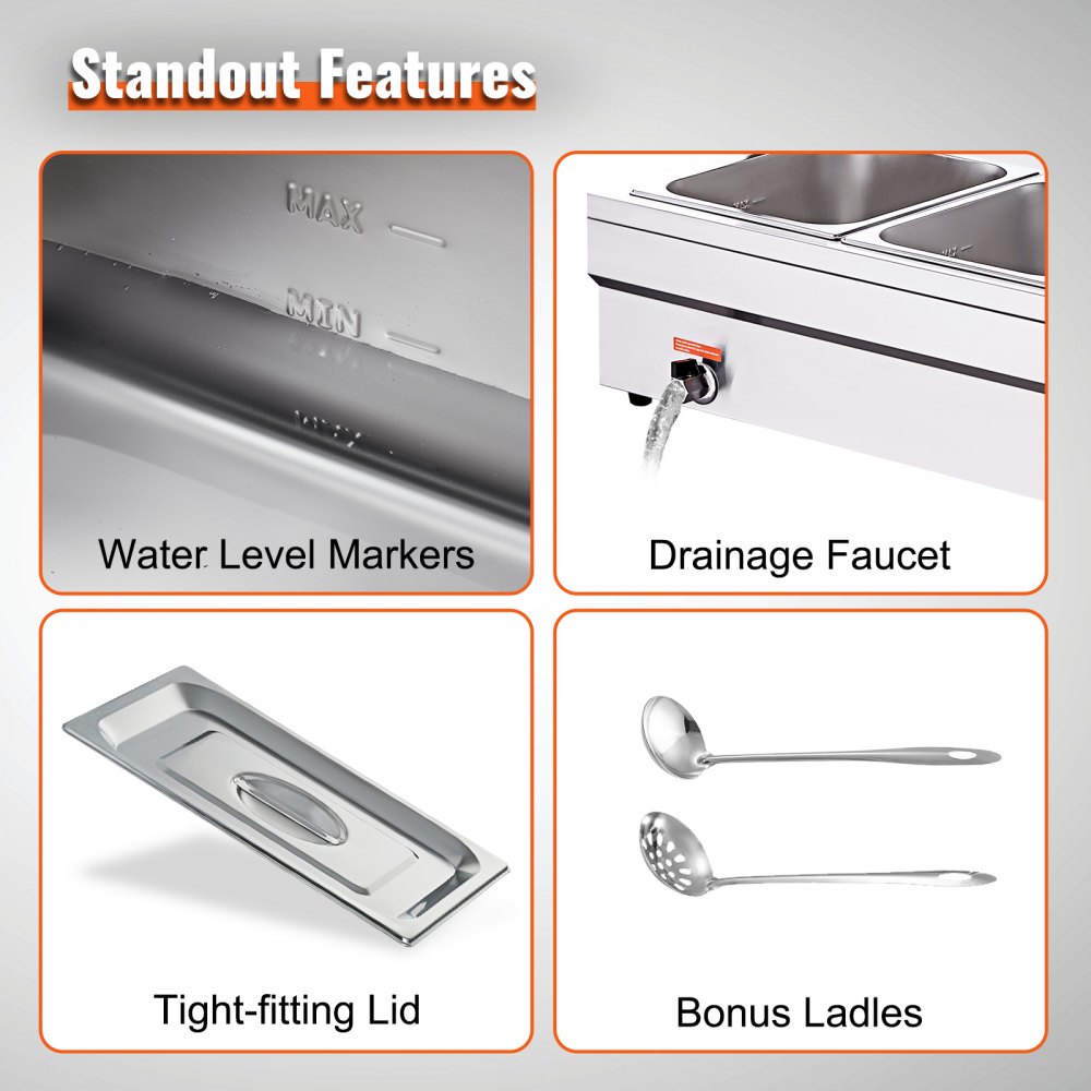 VEVOR stainless steel buffet warmer food warmer 1500 W, 3 x 13.2 L buffet containers, 265 x 325 x 150 mm Any heating plate can be used, incl. glass lid & drain tap & dry burning indicator, for canteen, café etc.