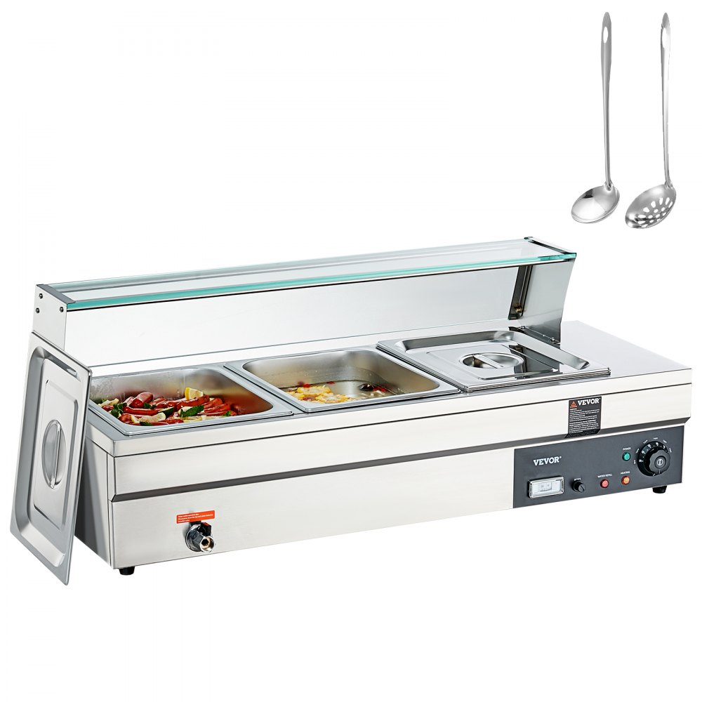 VEVOR stainless steel buffet warmer food warmer 1500 W, 3 x 13.2 L buffet containers, 265 x 325 x 150 mm Any heating plate can be used, incl. glass lid & drain tap & dry burning indicator, for canteen, café etc.