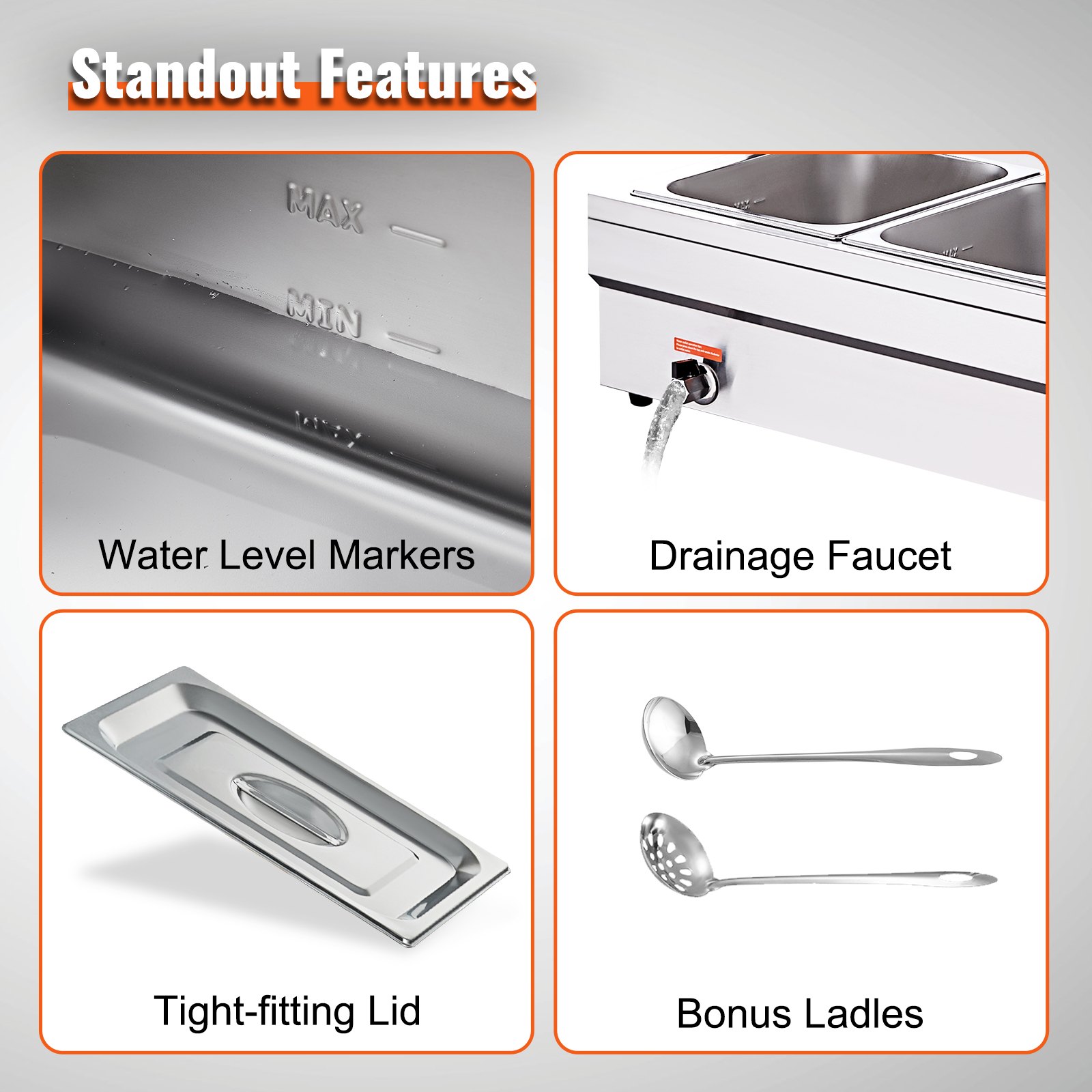 VEVOR stainless steel buffet warmer food warmer 1500 W, 3 x 13.2 L buffet containers, 265 x 325 x 150 mm Any heating plate can be used, incl. glass lid & drain tap & dry burning indicator, for canteen, café etc.