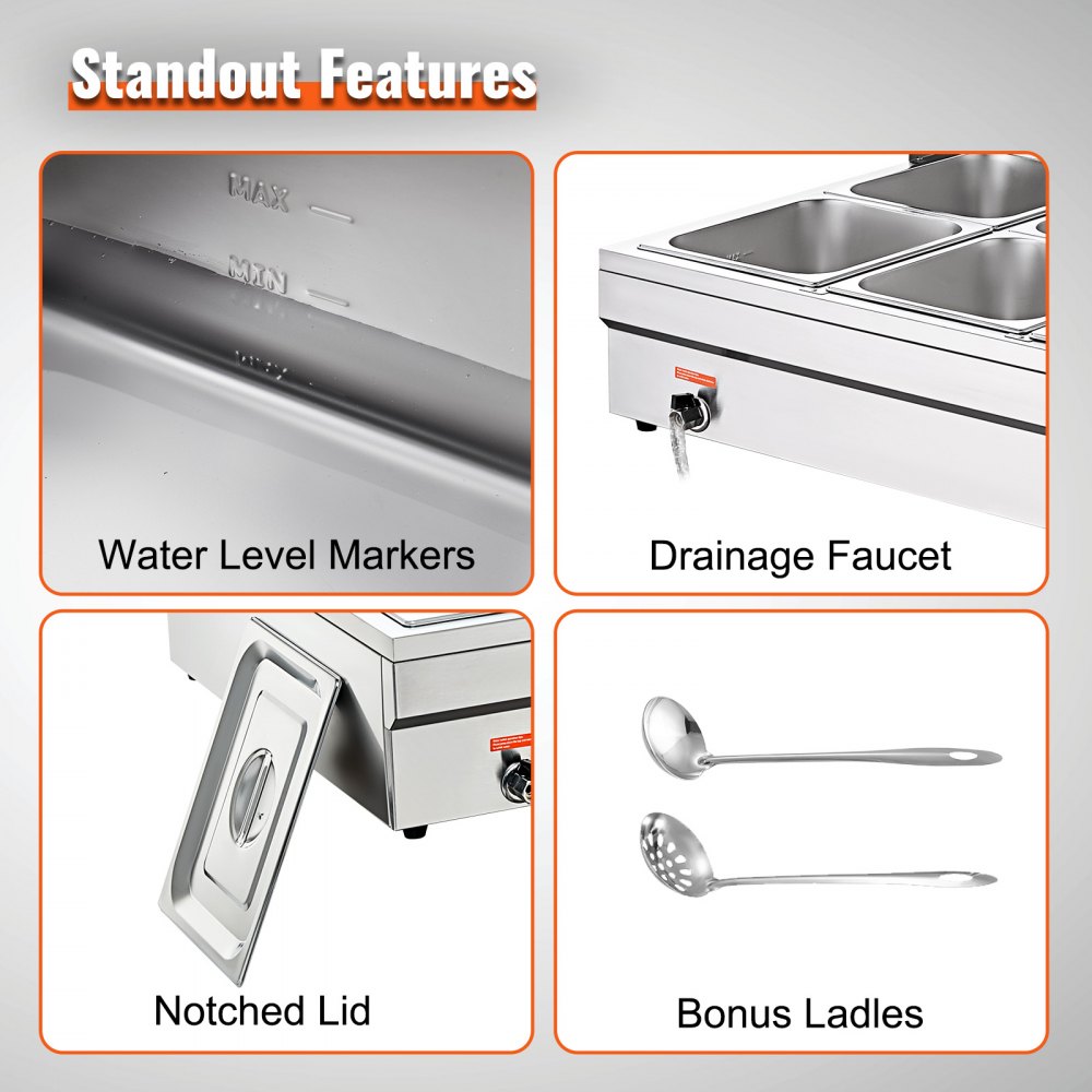 VEVOR stainless steel buffet warmer food warmer 1500 W, 6 x 13.2 L buffet containers, 265 x 325 x 150 mm Any heating plate can be used, incl. glass lid & drain tap & dry burning indicator, for canteen, café etc.