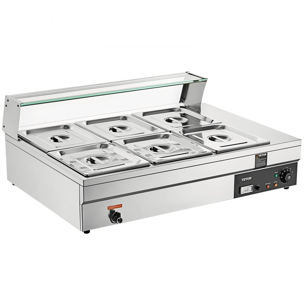 VEVOR stainless steel buffet warmer food warmer 1500 W, 6 x 13.2 L buffet containers, 265 x 325 x 150 mm Any heating plate can be used, incl. glass lid & drain tap & dry burning indicator, for canteen, café etc.