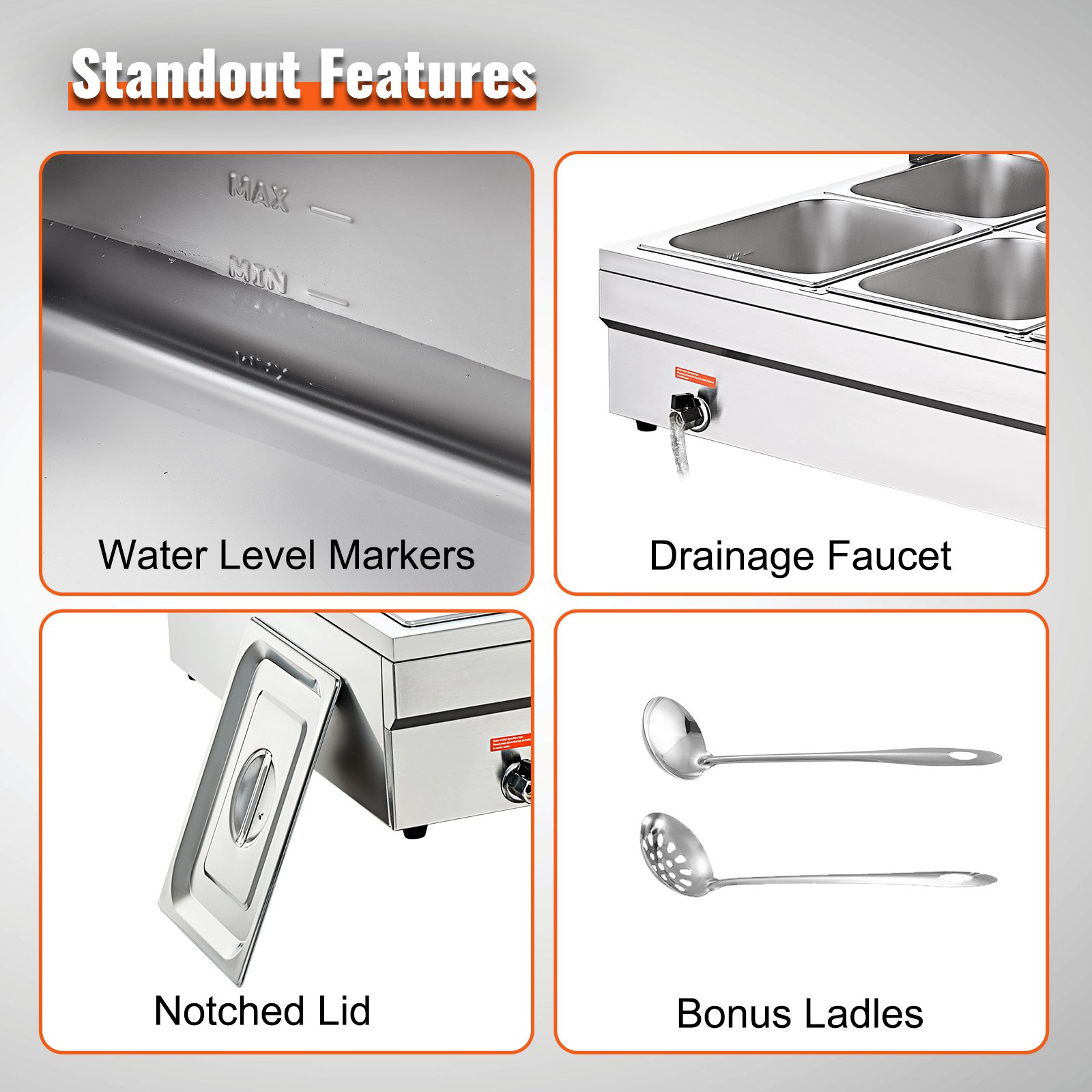 VEVOR stainless steel buffet warmer food warmer 1500 W, 6 x 13.2 L buffet containers, 265 x 325 x 150 mm Any heating plate can be used, incl. glass lid & drain tap & dry burning indicator, for canteen, café etc.