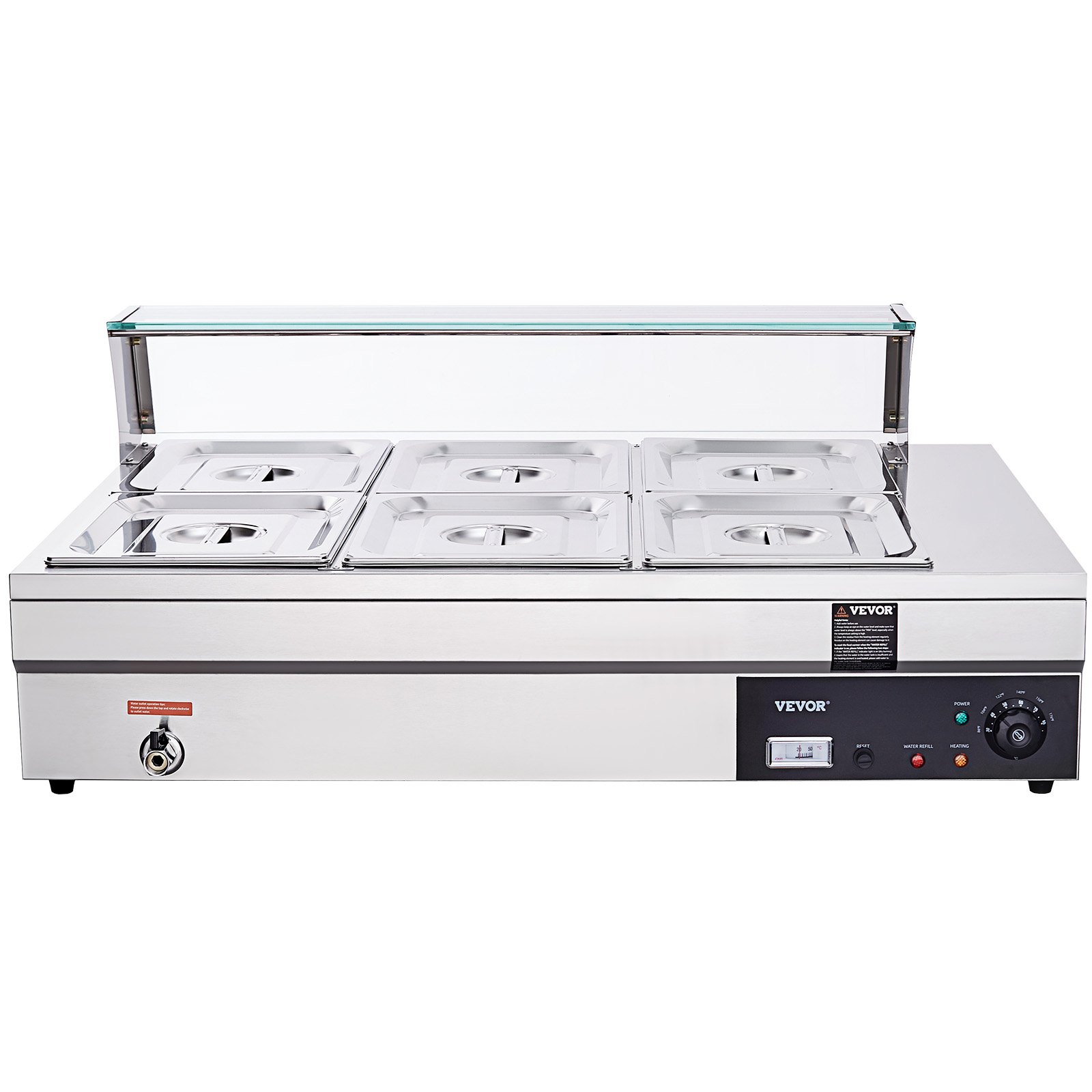 VEVOR stainless steel buffet warmer food warmer 1500 W, 6 x 13.2 L buffet containers, 265 x 325 x 150 mm Any heating plate can be used, incl. glass lid & drain tap & dry burning indicator, for canteen, café etc.