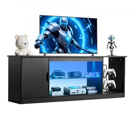 VEVOR TV-standaard voor tv's tot 65 inch, tv-tafel met lichtbalk, houten tv-kast met glazen plank en verstelbare planken, consoletafel tv-kast voor woonkamer slaapkamer, zwart