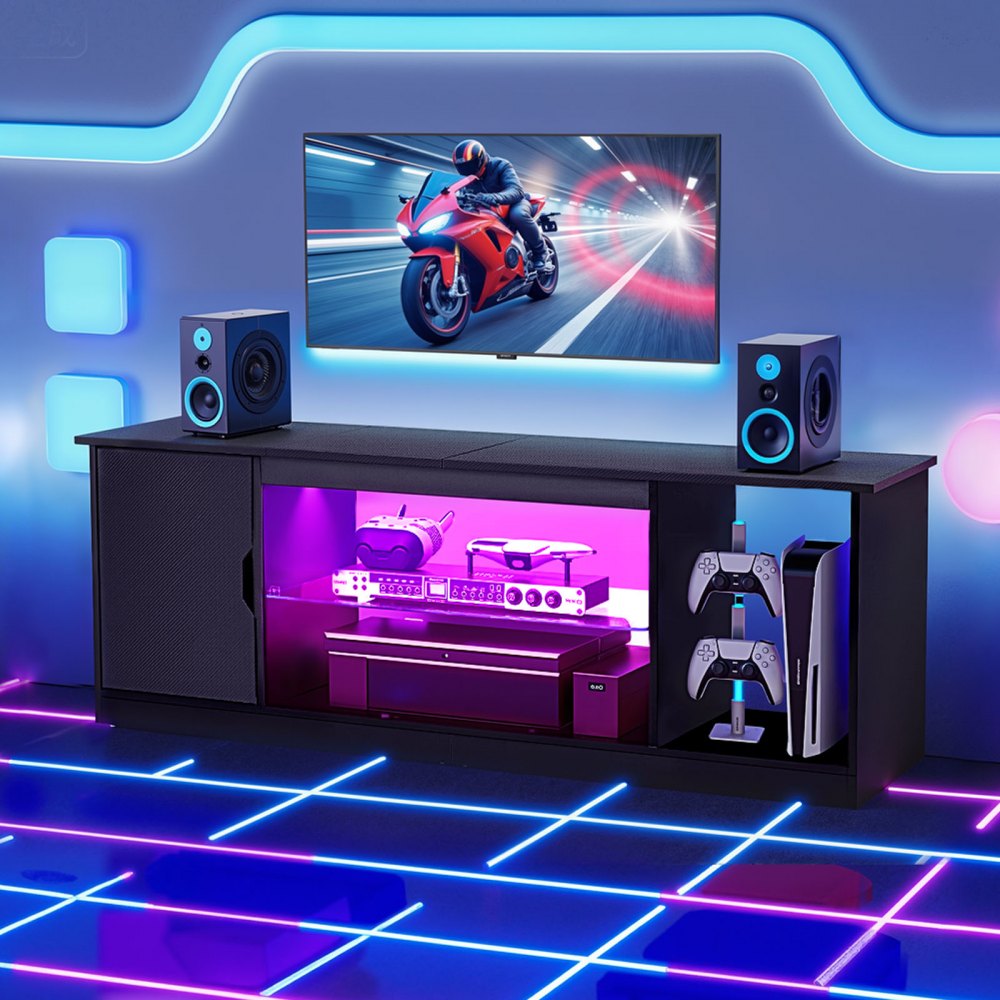 VEVOR TV-standaard voor tv's tot 65 inch, tv-tafel met lichtbalk, houten tv-kast met glazen plank en verstelbare planken, consoletafel tv-kast voor woonkamer slaapkamer, zwart