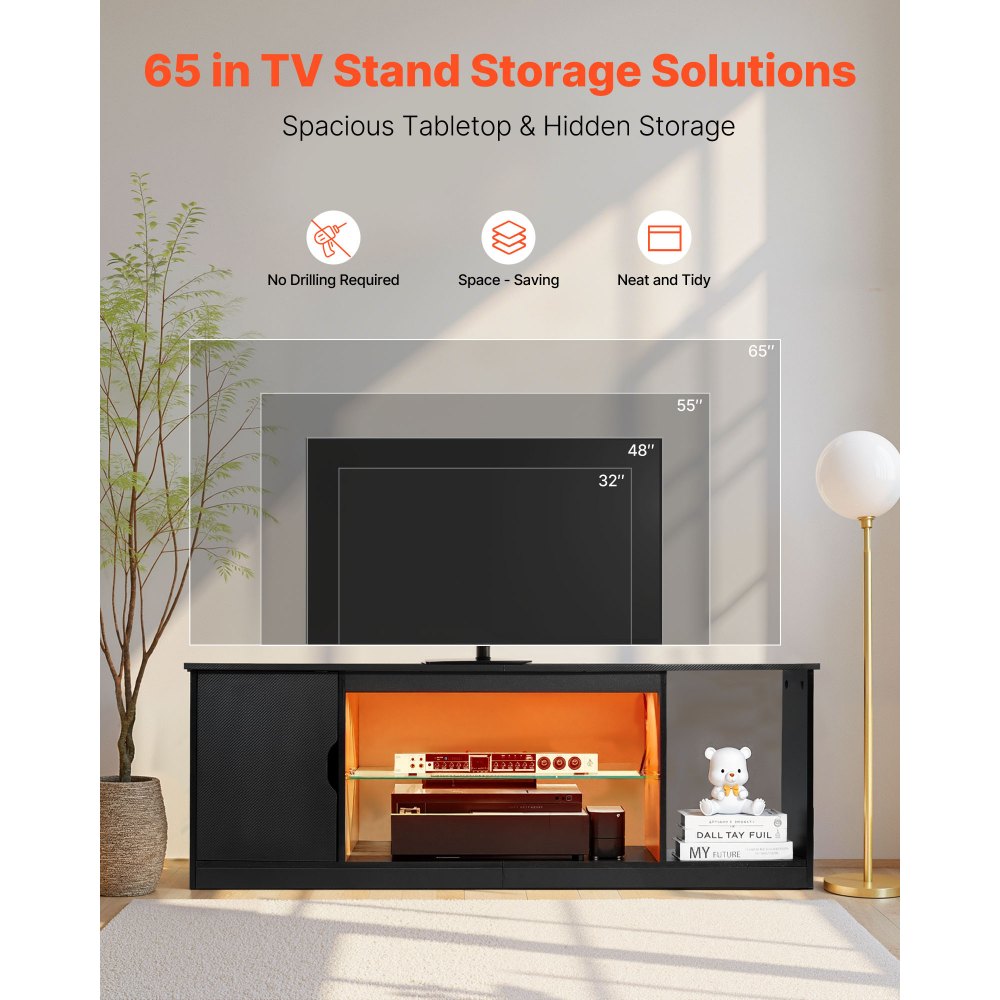 VEVOR TV-standaard voor tv's tot 65 inch, tv-tafel met lichtbalk, houten tv-kast met glazen plank en verstelbare planken, consoletafel tv-kast voor woonkamer slaapkamer, zwart