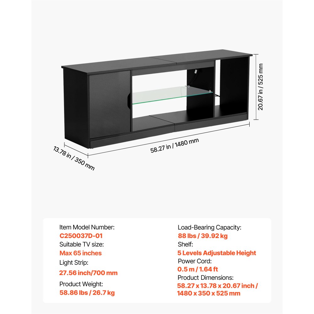 VEVOR TV-standaard voor tv's tot 65 inch, tv-tafel met lichtbalk, houten tv-kast met glazen plank en verstelbare planken, consoletafel tv-kast voor woonkamer slaapkamer, zwart