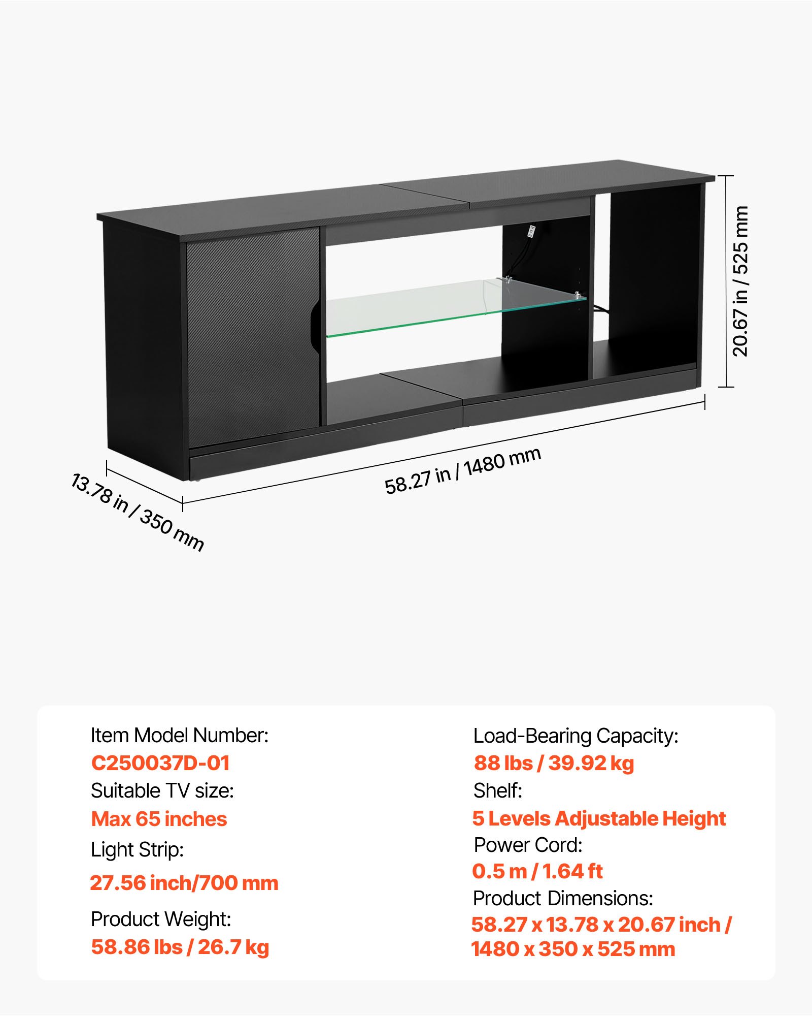 VEVOR TV-standaard voor tv's tot 65 inch, tv-tafel met lichtbalk, houten tv-kast met glazen plank en verstelbare planken, consoletafel tv-kast voor woonkamer slaapkamer, zwart