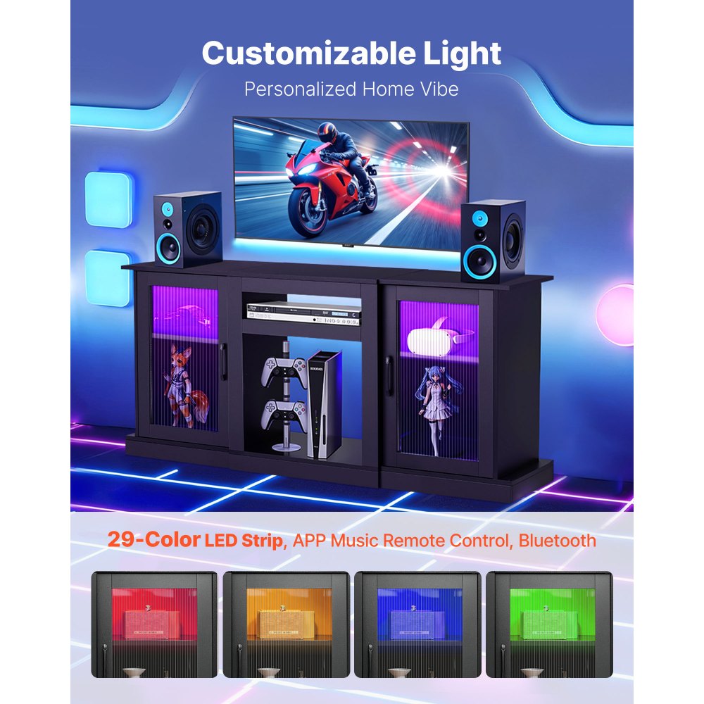 VEVOR TV Stand for TVs up to 65 inch, Modern Entertainment Center with Light Strip, Wooden TV Cabinet Storage with Glass Doors and Adjustable Shelves, Console Table for Living Room and Bedroom, Black