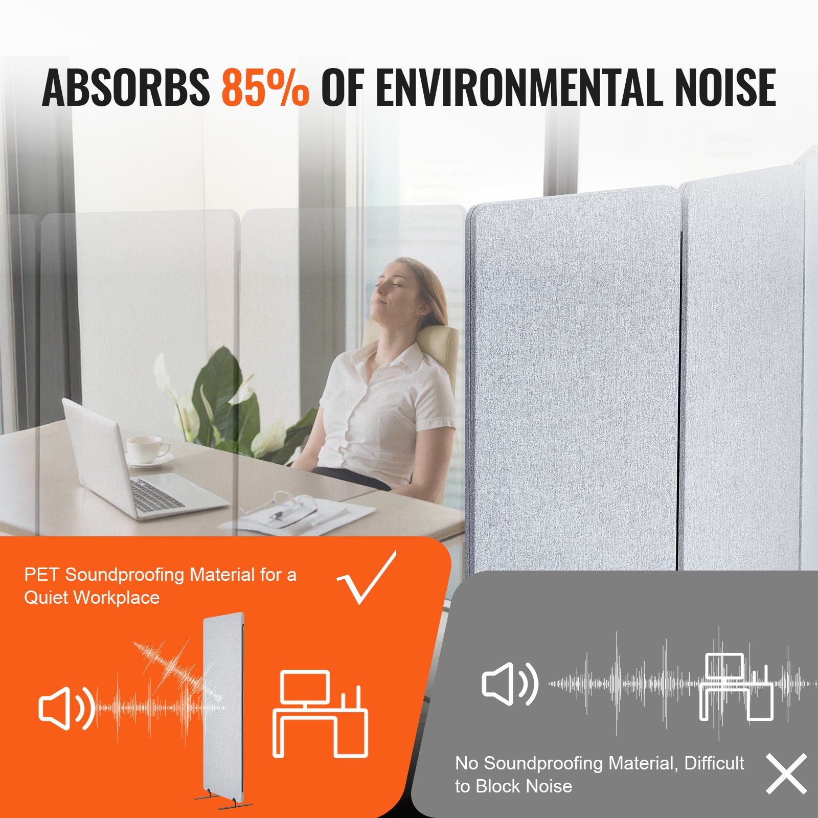 VEVOR Room Divider 3 Panelen Scherm 1840 x 350 x 1655 mm, Opvouwbaar Privacy Scherm & Draagbare Scheidingswand Gemaakt van PET Polyester voor Ruimte Scheiding, voor Kantoor Slaapkamer Studeerkamer, Lichtgrijs