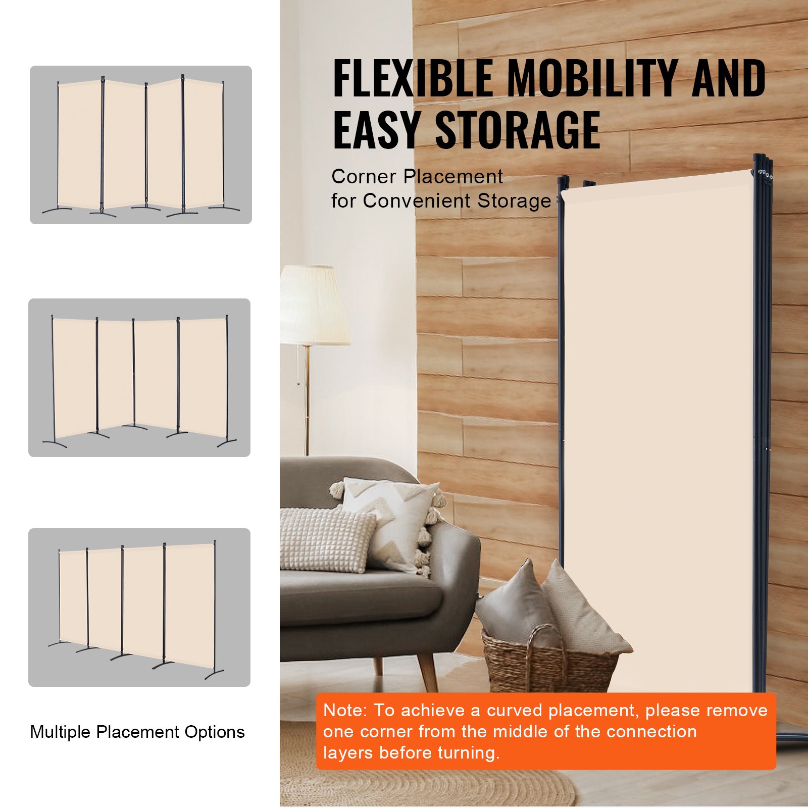 VEVOR Room Divider 4 Panelen Scherm 3464 x 1840 x 520 mm, Opvouwbaar Privacy Scherm & Draagbare Scheidingswand voor Ruimteverdeling, Vrijstaande Room Divider voor Kantoor Slaapkamer Studeerkamer, Beige