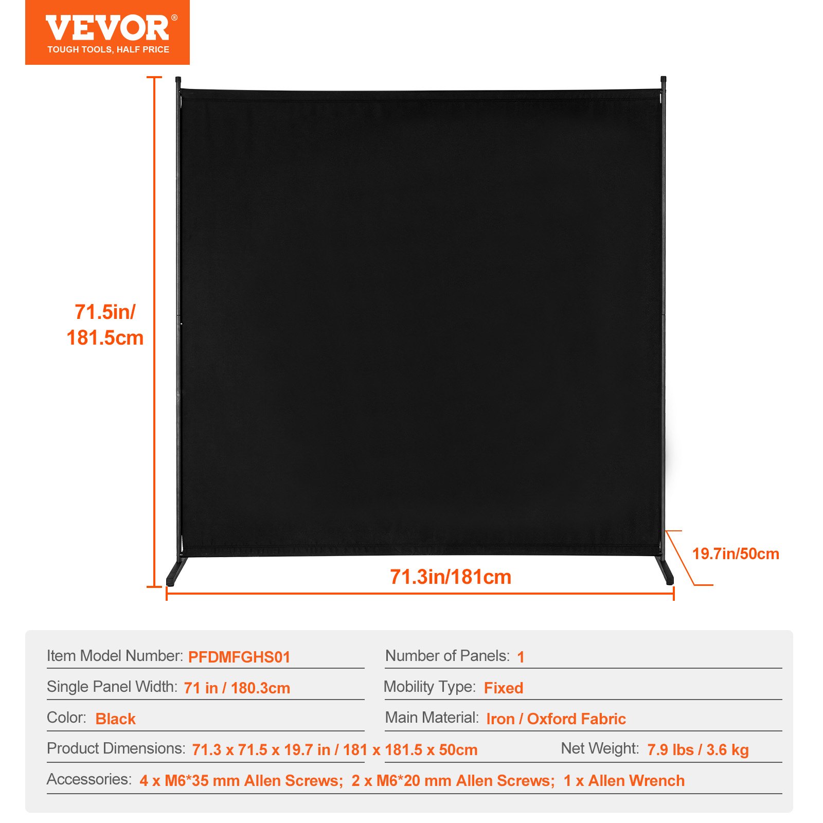 VEVOR Room Divider Enkelvoudig Paneel Scheidingswand, 1,8 m Privacy Scherm voor Binnengebruik, Scheidingswand voor Ruimteafscheiding, Vrijstaande Room Divider voor Kantoor Slaapkamer Zwart