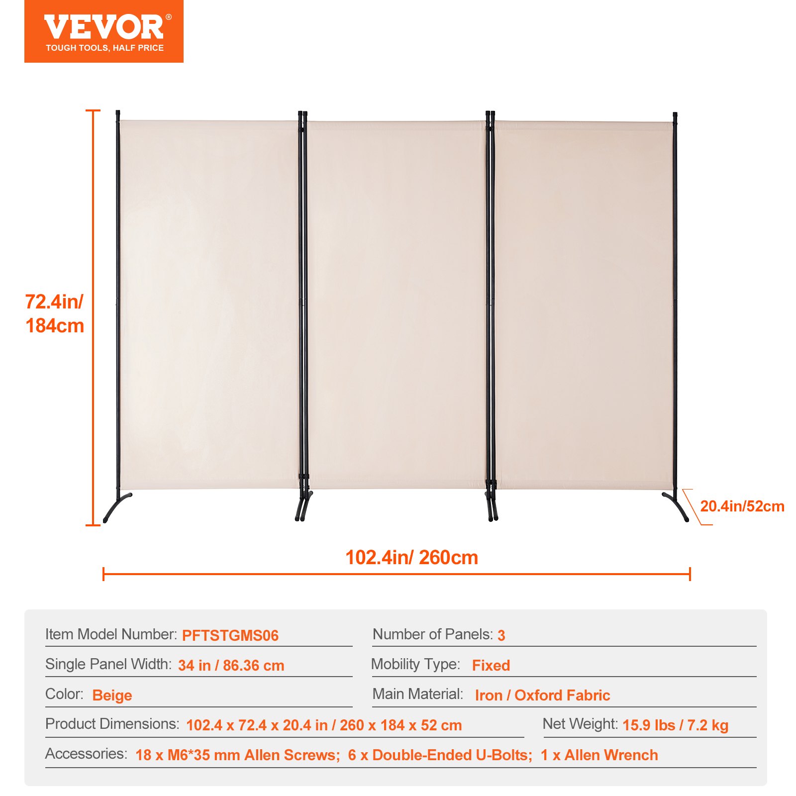 VEVOR Room Divider, 3 Panels Room Divider, Folding Privacy Screen and Portable Partition Divider for Room Separation, Freestanding Room Partitions for Office, Bedroom, Study, Beige