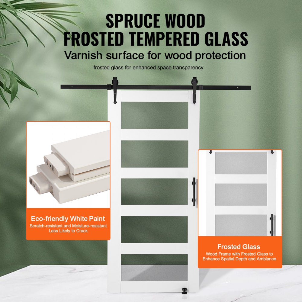 VEVOR Schuifdeur Hardware Kit, 1067 x 2134 mm Houten Glazen Schuifdeur, Stille Schuurdeur Kit met 8-in-1 Vloergeleider en Deurkruk, Sparrenhouten Paneel en Matglas