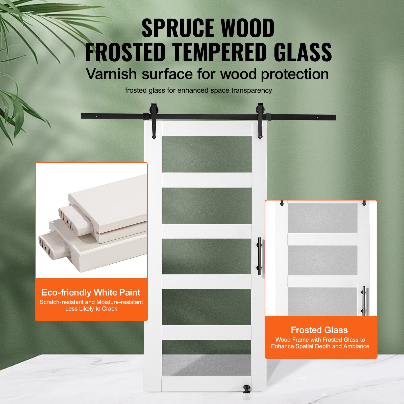 VEVOR Schuifdeur Hardware Kit, 1067 x 2134 mm Houten Glazen Schuifdeur, Stille Schuurdeur Kit met 8-in-1 Vloergeleider en Deurkruk, Sparrenhouten Paneel en Matglas