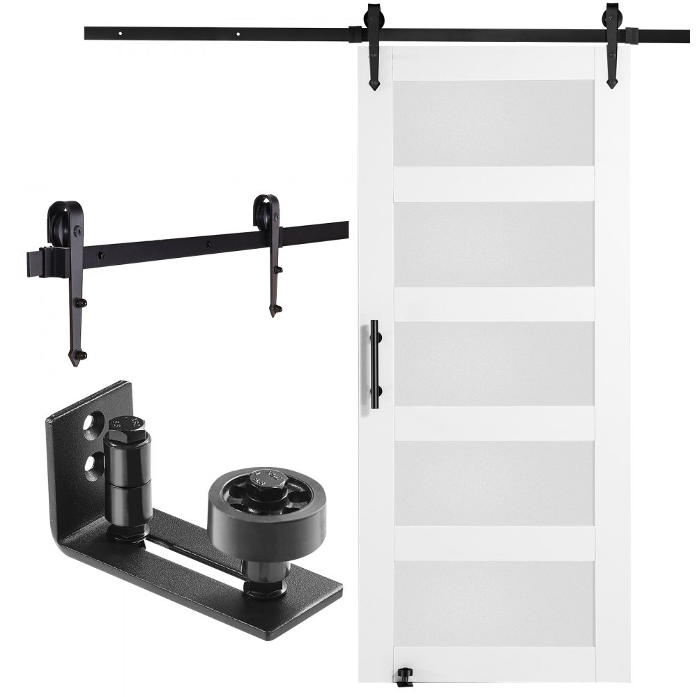 white barn door with black hardware, rollers, and guide; VEVOR barn door kit components detailed.