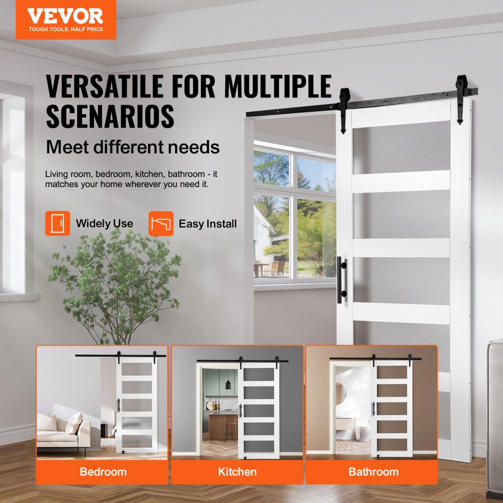 VEVOR Schuifdeur Hardware Kit, 914,4 x 2133,6 mm Hout-Glas Schuifdeur, Stille Schuurdeur Kit met 8-in-1 Vloergeleider en Deurkruk, Sparrenhouten Paneel en Matglas, Woonkamer