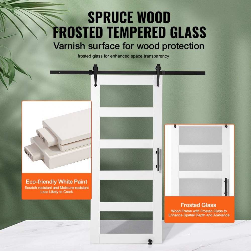 VEVOR Schuifdeur Hardware Kit, 914,4 x 2133,6 mm Hout-Glas Schuifdeur, Stille Schuurdeur Kit met 8-in-1 Vloergeleider en Deurkruk, Sparrenhouten Paneel en Matglas, Woonkamer