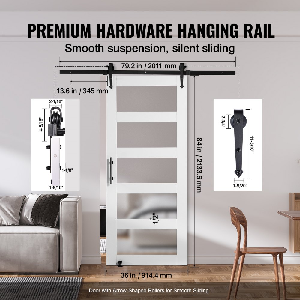 VEVOR Schuifdeur Hardware Kit, 914,4 x 2133,6 mm Hout-Glas Schuifdeur, Stille Schuurdeur Kit met 8-in-1 Vloergeleider en Deurkruk, Sparrenhouten Paneel en Matglas, Woonkamer