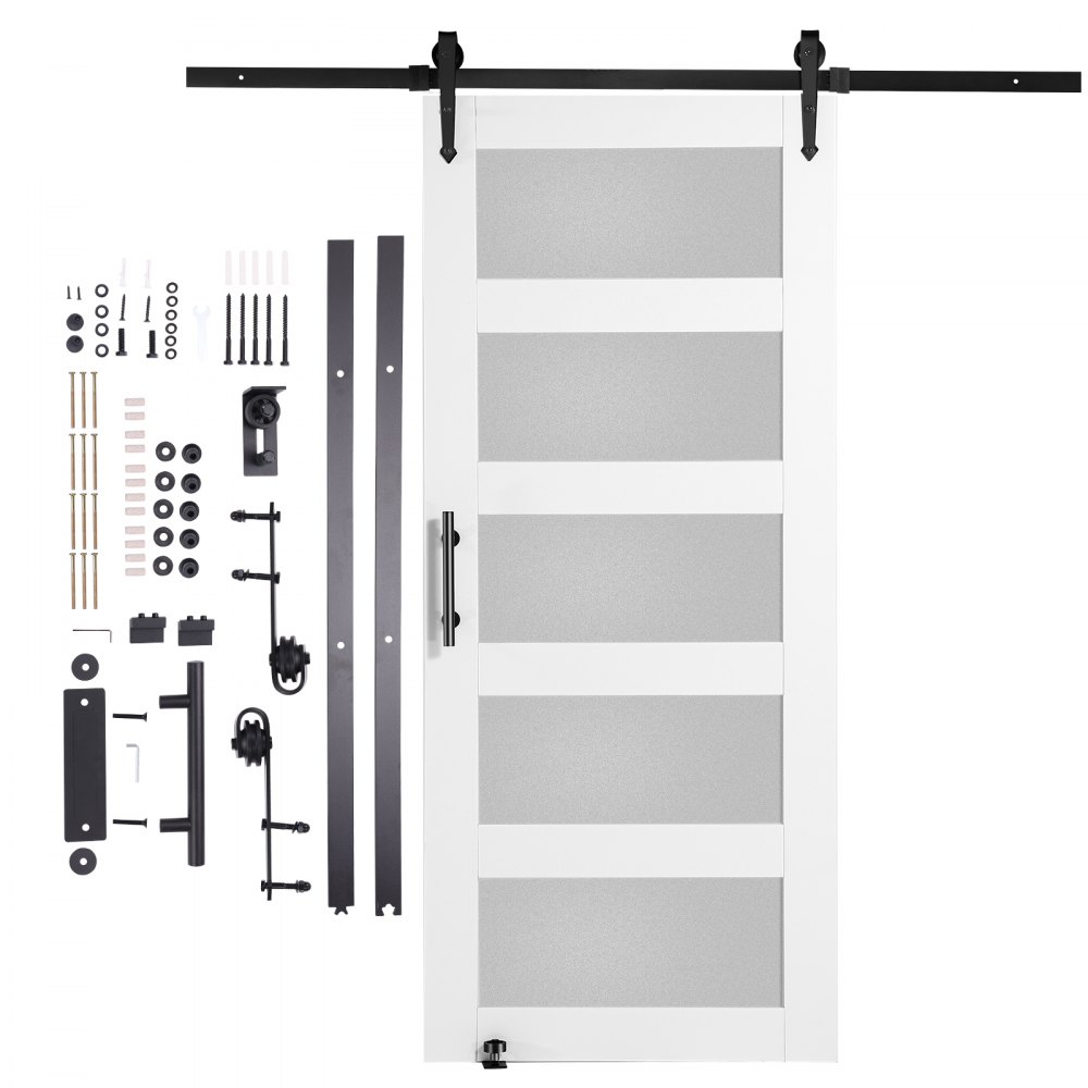 VEVOR Schuifdeur Hardware Kit, 914,4 x 2133,6 mm Hout-Glas Schuifdeur, Stille Schuurdeur Kit met 8-in-1 Vloergeleider en Deurkruk, Sparrenhouten Paneel en Matglas, Woonkamer