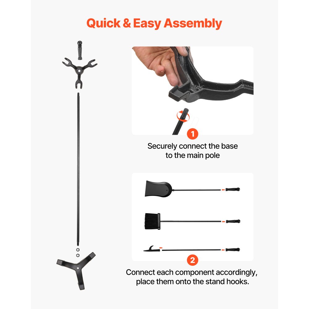 VEVOR Fireplace Tool Set, 4 PCS Fire Tool Set and Holder with Three-Prong Stand, Ash Shovel, Brush, Fire Place Poker, Wrought Iron Fireplace Accessories for Campfire Indoor/Outdoor, Black