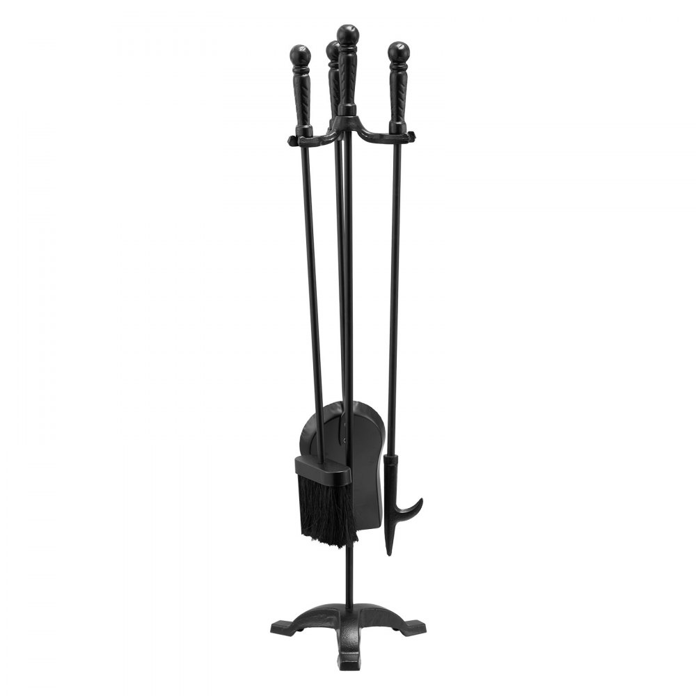 VEVOR Fireplace Tool Set, 4 PCS Fire Tool Set and Holder with Three-Prong Stand, Ash Shovel, Brush, Fire Place Poker, Wrought Iron Fireplace Accessories for Campfire Indoor/Outdoor, Black