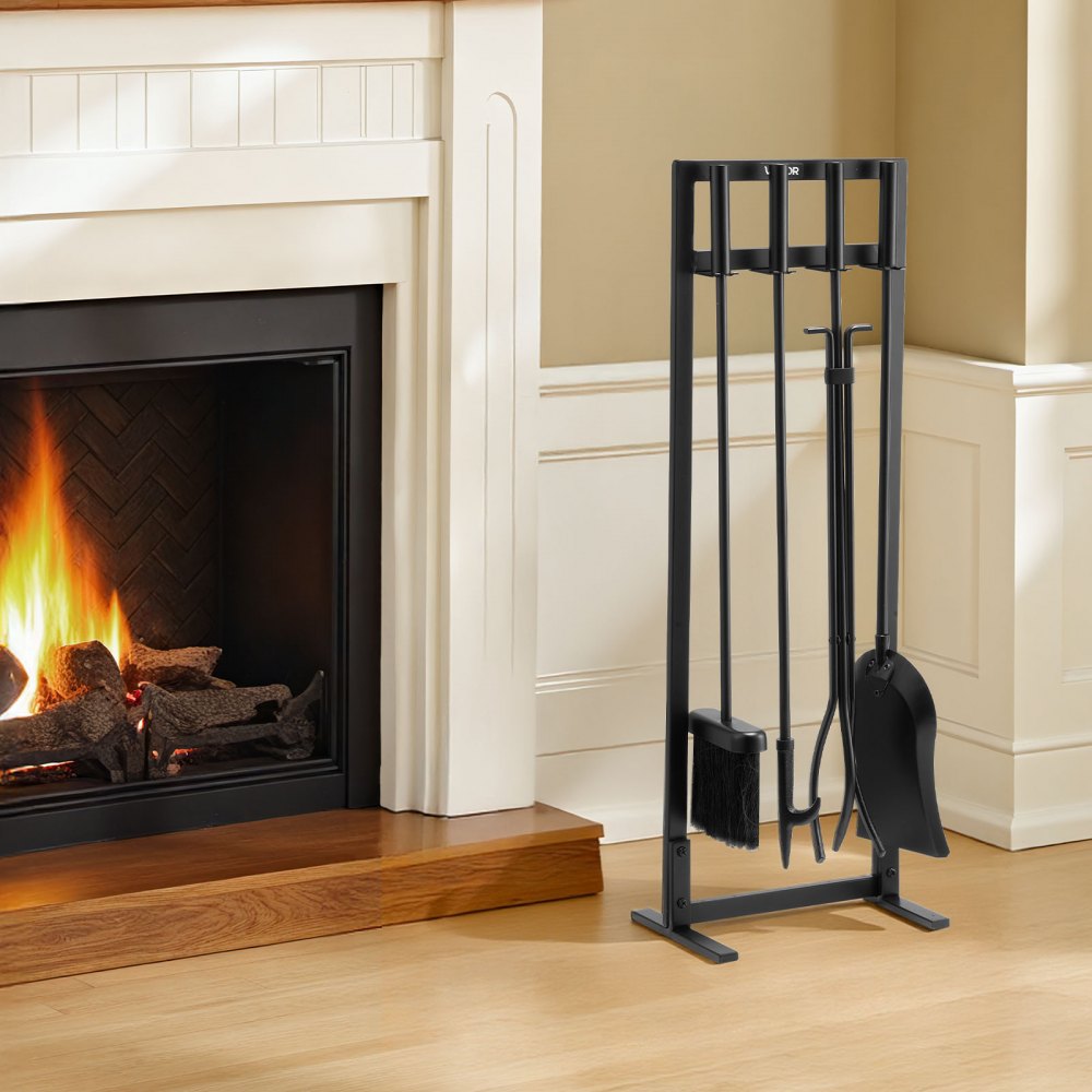 VEVOR Haardgereedschapset, 5-delig, inclusief framestandaard, tang, asschep, borstel, pook, smeedijzeren en stalen haardaccessoires voor binnen- en buitengebruik, zwart