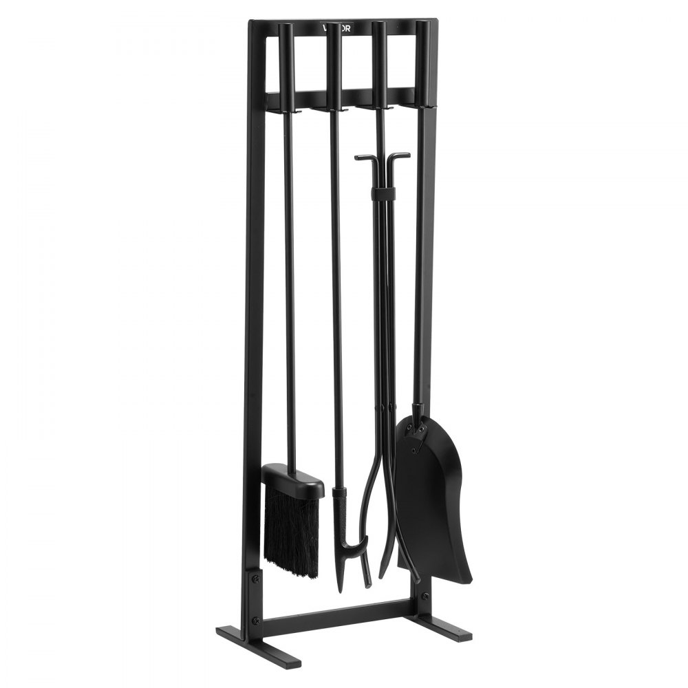 VEVOR Haardgereedschapset, 5-delig, inclusief framestandaard, tang, asschep, borstel, pook, smeedijzeren en stalen haardaccessoires voor binnen- en buitengebruik, zwart