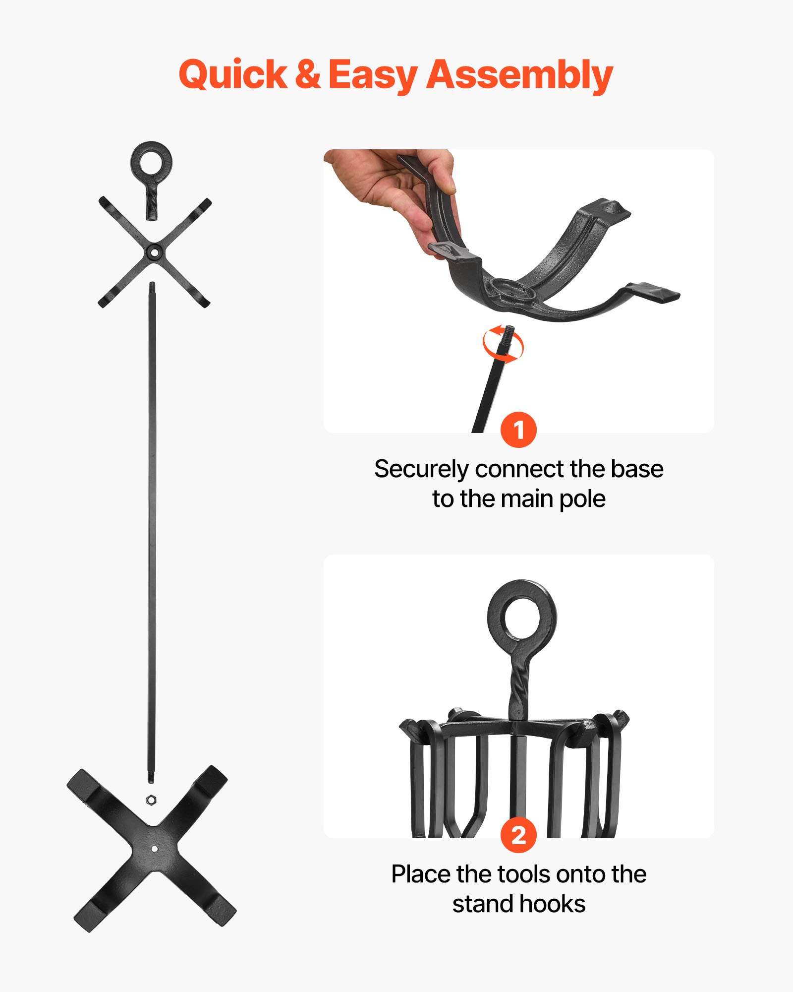 VEVOR Haardgereedschapset, 5-delige kachelgereedschapset, vierpuntige standaard, tang, asschep, borstel, pook, haardset, smeedijzeren haardaccessoires voor kampvuren, zwart