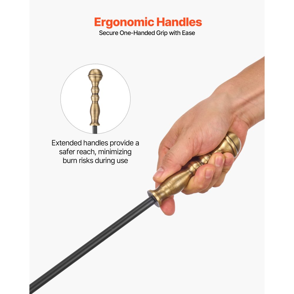 VEVOR Haardgereedschapset, 5-delige kachelgereedschapset, vijfpuntige standaard, tang, asschep, borstel, pook, smeedijzeren haardaccessoires voor binnen- en buitengebruik, zwart en messing