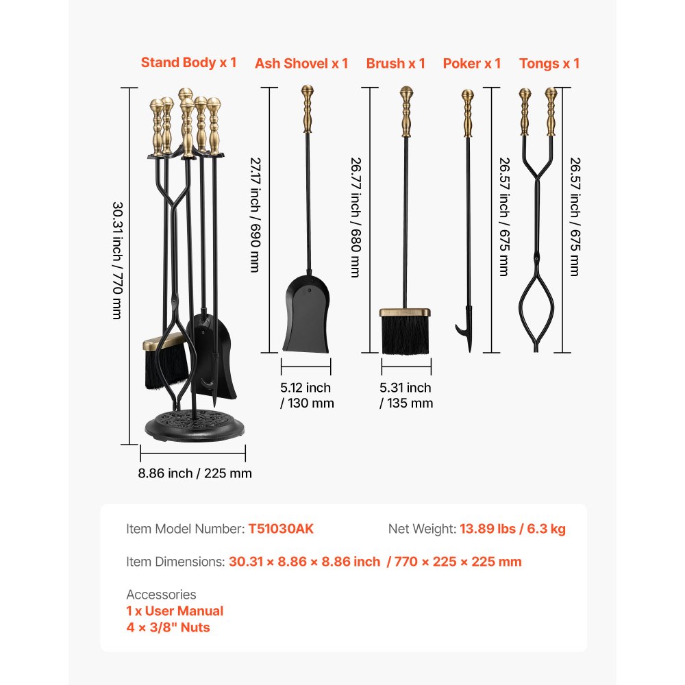VEVOR Haardgereedschapset, 5-delige kachelgereedschapset, vijfpuntige standaard, tang, asschep, borstel, pook, smeedijzeren haardaccessoires voor binnen- en buitengebruik, zwart en messing