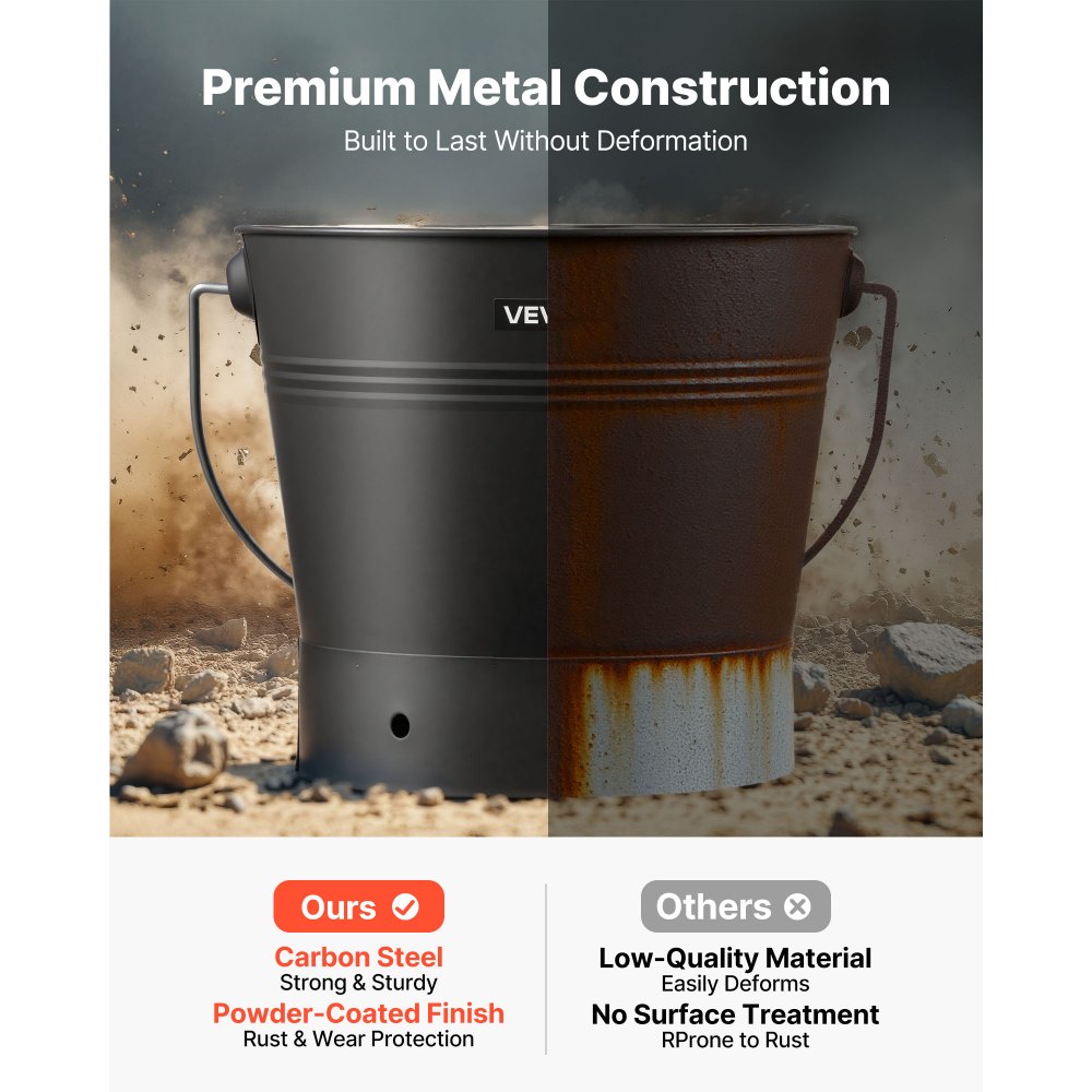 VEVOR Ash Bucket, 4 PCS with Lid, Shovel, Broom and Gloves, Metal Fireplace Charcoal Bucket and Ash Can, 9.8L Large Capacity for Fireplace, Fire Pits, Wood Burning Stoves, Indoor and Outdoor