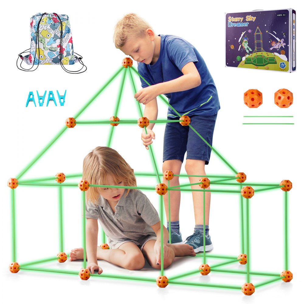 kids building a VEVOR tent fort building kit, with a carry bag and colorful packaging box in the background.