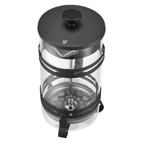 Een glazen French press koffiezetapparaat met een roestvrijstalen Een glazen French press koffiezetapparaat met een roestvrijstalen